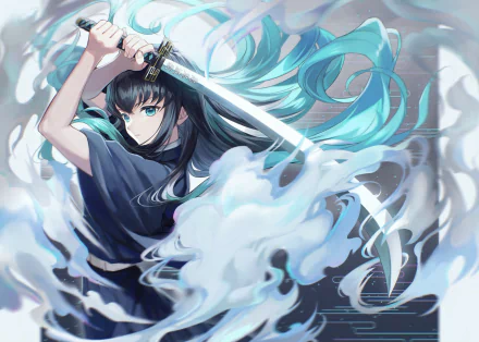 HD anime desktop wallpaper featuring Muichiro Tokito from Demon Slayer: Kimetsu no Yaiba, depicted with flowing hair and wielding a glowing sword amid misty clouds.
