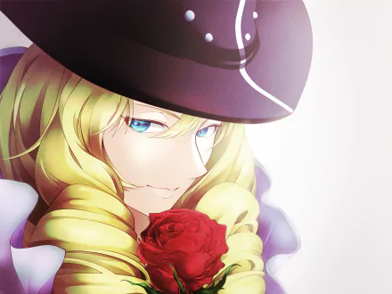 Cavendish (One Piece) anime close-up: blond, blue-eyed, hat-wearing character holding a red rose — 4K Ultra HD PC desktop wallpaper and background.