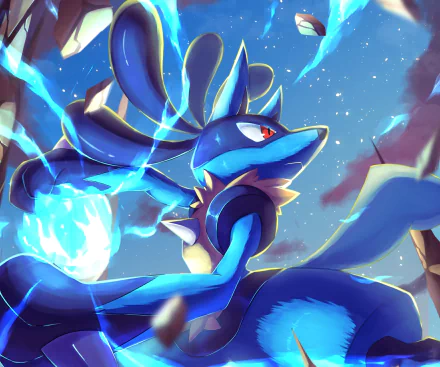 HD PC desktop wallpaper featuring Lucario from Pokémon, depicted in a dynamic pose with glowing blue energy in a vivid video game-style background.