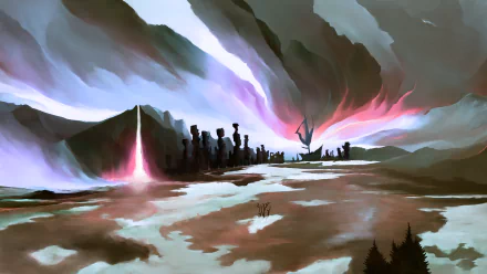  Digital painting of an aurora borealis above a shipwreck in a frozen land