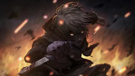 Thorfinn from Vinland Saga shown in dynamic anime style with intense expression, set against a fiery background in this 4K Ultra HD PC desktop wallpaper.