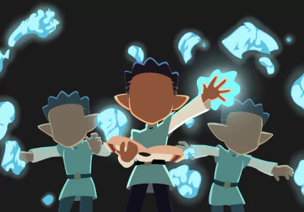 HD desktop wallpaper featuring Gus Porter from the TV show The Owl House, surrounded by glowing magical flames against a dark background.