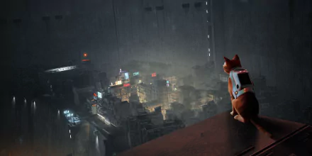 Stray video game 5K Ultra HD PC desktop wallpaper: a backpack-wearing cat perches on a rooftop ledge, gazing over a misty, neon-lit cybercity at night.