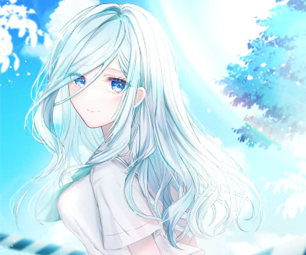 Hinomori Shizuku from the video game Project Sekai: Colorful Stage! feat. Hatsune Miku, long silvery hair and blue eyes, gazing softly against a bright sky — 2K Quad HD PC desktop wallpaper.