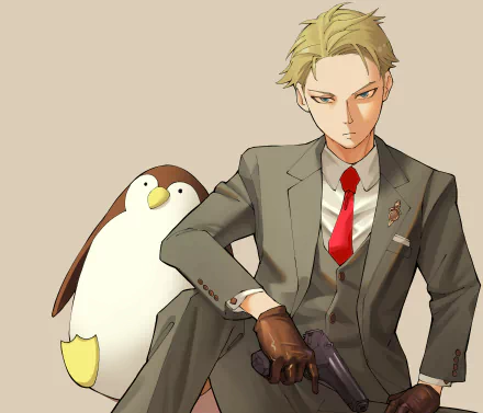 Loid Forger (Spy x Family) in a tailored suit and red tie, seated beside a large penguin plush — 4K Ultra HD anime PC desktop wallpaper background.