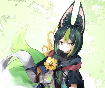 HD PC desktop wallpaper of Tighnari (Genshin Impact), a video game character: green‑haired, fox‑eared ranger in a green cloak with a floral brooch against a soft pale green background.