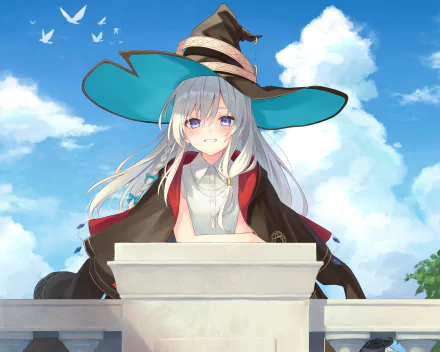 Elaina from Wandering Witch: The Journey of Elaina in anime style, wearing a wide-brimmed hat against a blue sky, featured as an HD PC desktop wallpaper background.