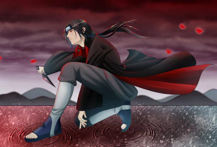 Itachi Uchiha from Naruto crouches on a rocky surface under a dark, cloudy sky with red petals floating around in this 4K Ultra HD anime desktop wallpaper.