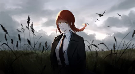 HD anime desktop wallpaper featuring Makima from Chainsaw Man standing in a field at dusk with a moody sky and birds flying in the background.