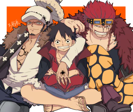 HD PC desktop wallpaper of One Piece: Monkey D. Luffy grinning center, Trafalgar Law at left and Eustass Kid at right in bold anime style.