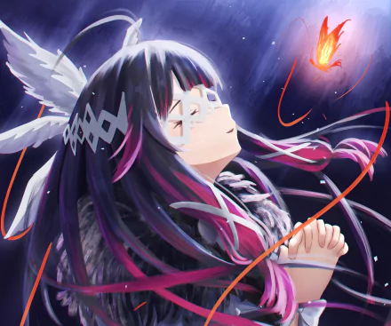 Columbina from the video game Genshin Impact — 2K Quad HD PC desktop wallpaper: serene profile with closed eyes, flowing dark hair, pink ribbons and a small glowing ember against a starry backdrop.
