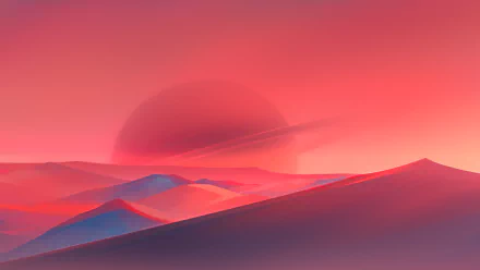 Artistic 4K Ultra HD desert landscape wallpaper featuring soft, flowing dunes under a large glowing sun with a vibrant red and purple color palette.