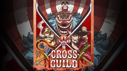 HD PC desktop wallpaper/background of One Piece anime 'Cross Guild' poster featuring Dracule Mihawk, Buggy, and Crocodile with crossed swords, skull emblem and bold red-striped backdrop.