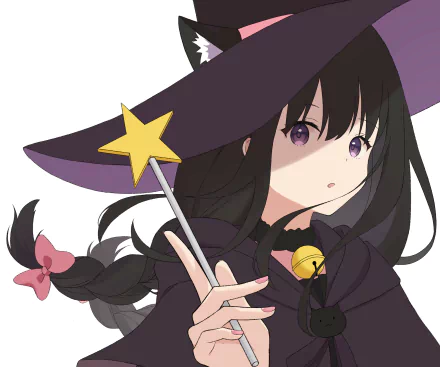 Takina Inoue (Lycoris Recoil) in a witch outfit, dark braided hair with pink bow, holding a star-tipped wand — 2K Quad HD PC desktop wallpaper/background