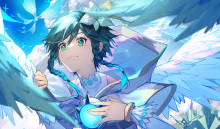 Venti from Genshin Impact is depicted in vibrant 4K Ultra HD detail, surrounded by ethereal blue and white wings in this dynamic PC desktop wallpaper.