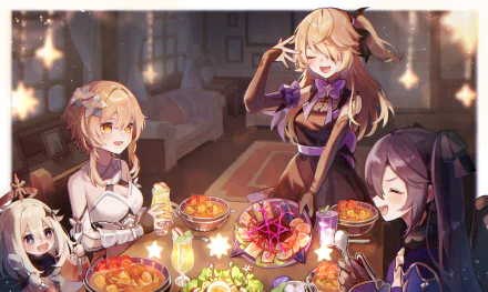 4K Ultra HD PC desktop wallpaper of Genshin Impact characters Mona, Fischl, Lumine and Paimon sharing a warm feast around a candlelit table, smiling in a cozy indoor setting.