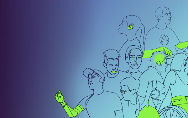 Stylized Xbox-themed HD desktop wallpaper featuring silhouettes of diverse gamers on a blue gradient background.