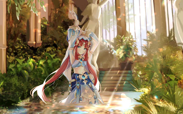 Nilou (Genshin Impact) stands in a sunlit temple pool surrounded by lush foliage and steps — 4K Ultra HD PC desktop wallpaper/background from the video game Genshin Impact.