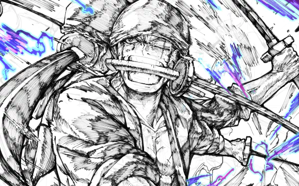 HD PC desktop wallpaper featuring Roronoa Zoro from One Piece in dynamic black-and-white sketch style with blue electric accents.