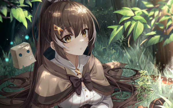 HD anime-style PC wallpaper featuring Nanashi Mumei from Hololive, set in a serene forest with detailed lighting and foliage.