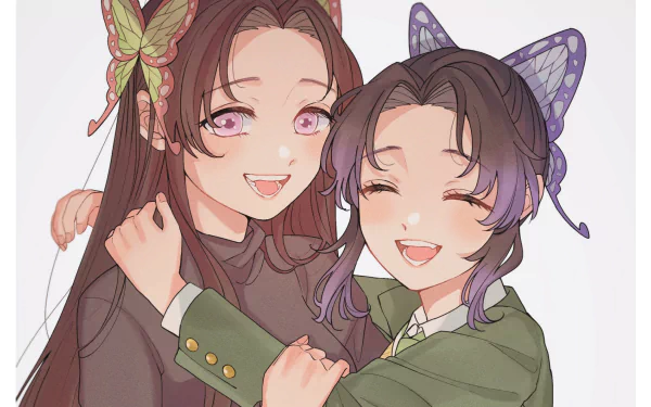 HD anime desktop wallpaper featuring Shinobu Kochou and Kanae Kocho from Demon Slayer: Kimetsu no Yaiba, smiling and embracing with butterfly-themed accessories.