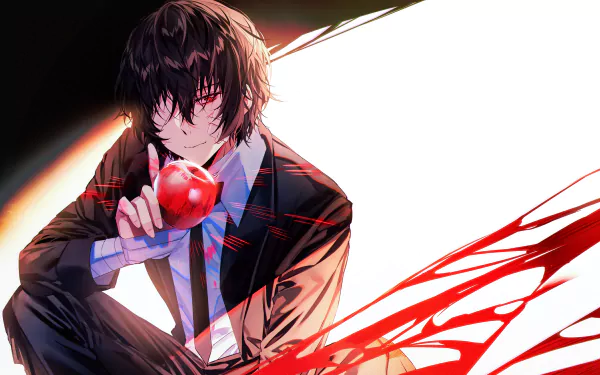 HD wallpaper featuring Osamu Dazai from the anime Bungou Stray Dogs, depicted with a red apple and a striking background of splattered colors.
