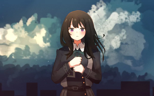 Takina Inoue (Lycoris Recoil) anime 4K Ultra HD PC desktop wallpaper: she stands clutching her hands to her chest in a dark school uniform against a dramatic cloudy night skyline.