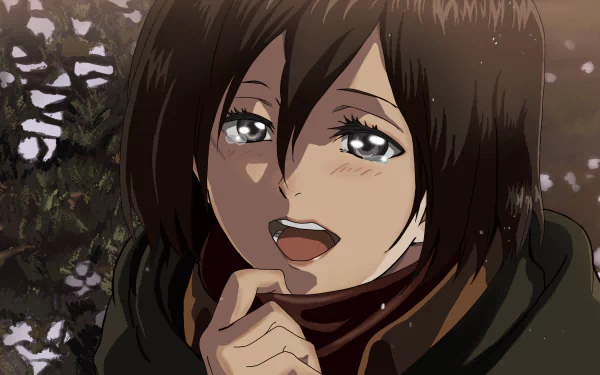 Mikasa Ackerman from Attack on Titan shown in a detailed 4K Ultra HD anime-style portrait, smiling with a soft expression against a dark, blurred background.