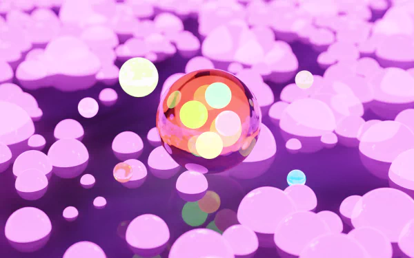 HD PC desktop wallpaper: artistic 3D art of a glossy translucent ball with multicolored lights, floating among soft pink and purple bokeh-like shapes on a deep violet background.