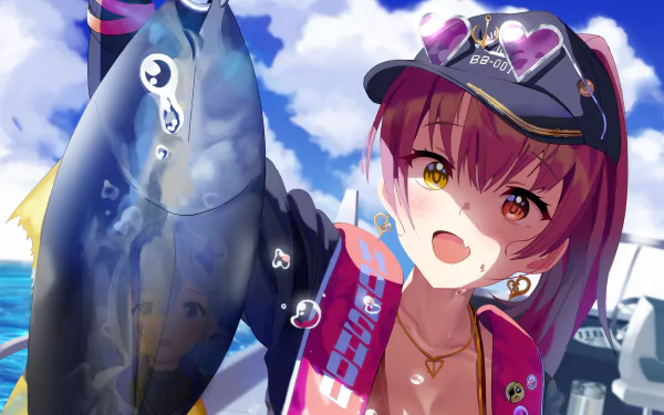 HD PC desktop wallpaper featuring Houshou Marine, a vibrant anime-style Virtual YouTuber from hololive, holding a large fish against a bright ocean backdrop.