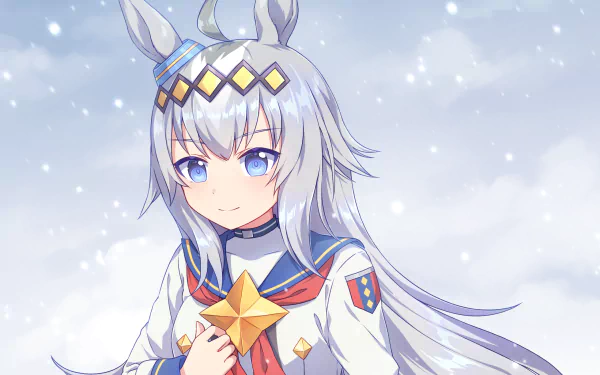 HD PC desktop wallpaper of Oguri Cap (Uma Musume) from Uma Musume: Pretty Derby — silver-haired anime girl with horse ears and blue eyes in a snowy scene, holding a golden star.