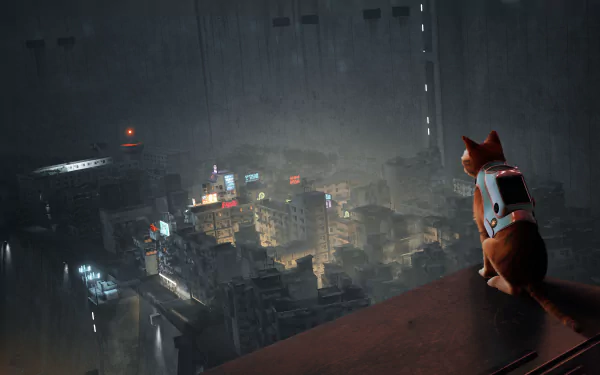 Stray video game 5K Ultra HD PC desktop wallpaper: a backpack-wearing cat perches on a rooftop ledge, gazing over a misty, neon-lit cybercity at night.