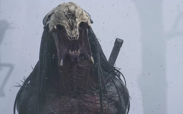 Predator close-up from the movie Prey (2022): bone-like skull mask, open maw and dreadlocks — 4K Ultra HD PC desktop wallpaper/background.