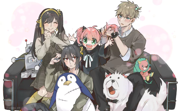 Anime-style 4K Ultra HD Spy x Family wallpaper featuring Loid Forger, Yor Forger, Anya Forger, Yuri Briar, and their pets Bond and the penguin.
