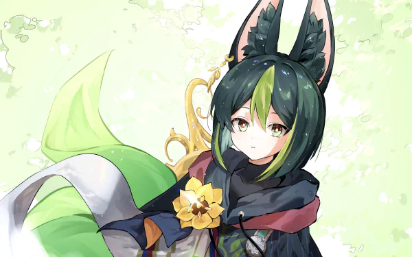 HD PC desktop wallpaper of Tighnari (Genshin Impact), a video game character: green‑haired, fox‑eared ranger in a green cloak with a floral brooch against a soft pale green background.