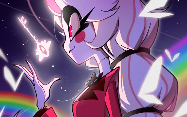 HD desktop wallpaper featuring Charlie Morningstar from the TV show Hazbin Hotel, showcasing her with a glowing key and vibrant colors against a cosmic background.