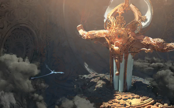 A Sci-Fi structure dominates the center of an HD desktop wallpaper, featuring elaborate design and surrounded by clouds, with a dragon-like creature flying in the background.