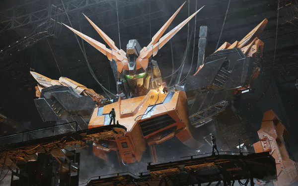 HD PC desktop wallpaper featuring a detailed Gundam mech with glowing green eyes in a dark, industrial anime-style setting.