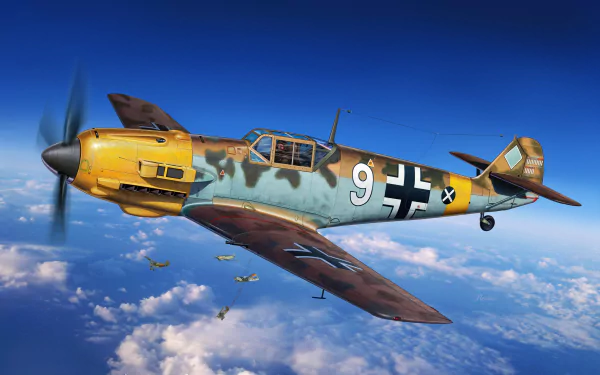 HD desktop wallpaper showing a Luftwaffe Messerschmitt Bf 109 fighter plane flying above the clouds with camo paint and military markings.