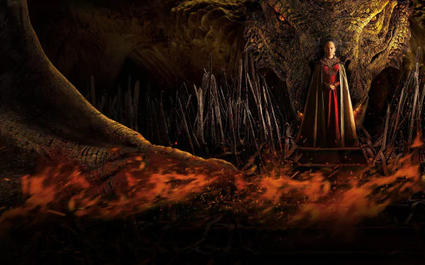 4K Ultra HD PC desktop wallpaper of a House of the Dragon TV scene: a robed figure standing before a towering dragon in a fiery, spiked cavern.