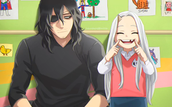 HD PC wallpaper featuring Shota Aizawa and Eri from My Hero Academia, captured in vibrant anime style with a cheerful classroom background.