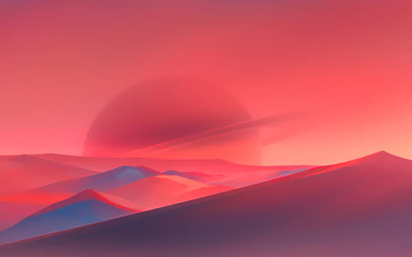 Artistic 4K Ultra HD desert landscape wallpaper featuring soft, flowing dunes under a large glowing sun with a vibrant red and purple color palette.