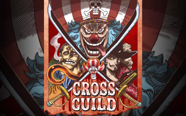 HD PC desktop wallpaper/background of One Piece anime 'Cross Guild' poster featuring Dracule Mihawk, Buggy, and Crocodile with crossed swords, skull emblem and bold red-striped backdrop.