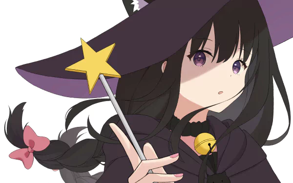 Takina Inoue (Lycoris Recoil) in a witch outfit, dark braided hair with pink bow, holding a star-tipped wand — 2K Quad HD PC desktop wallpaper/background