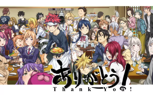 HD desktop wallpaper featuring Takumi Aldini, Megumi Tadokoro, Sōma Yukihira, Ikumi Mito, and Erina Nakiri from the anime Food Wars: Shokugeki no Soma gathered around a feast.