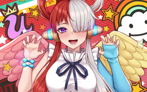 Vibrant 4K Ultra HD anime wallpaper featuring Uta from One Piece, showcasing her colorful wings, distinctive red and white hair, and lively expression against a bright, starry background.