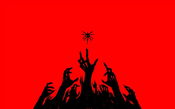 HD PC desktop wallpaper featuring silhouetted hands reaching toward a symbolic figure against a bright red background, inspired by the video game ULTRAKILL.