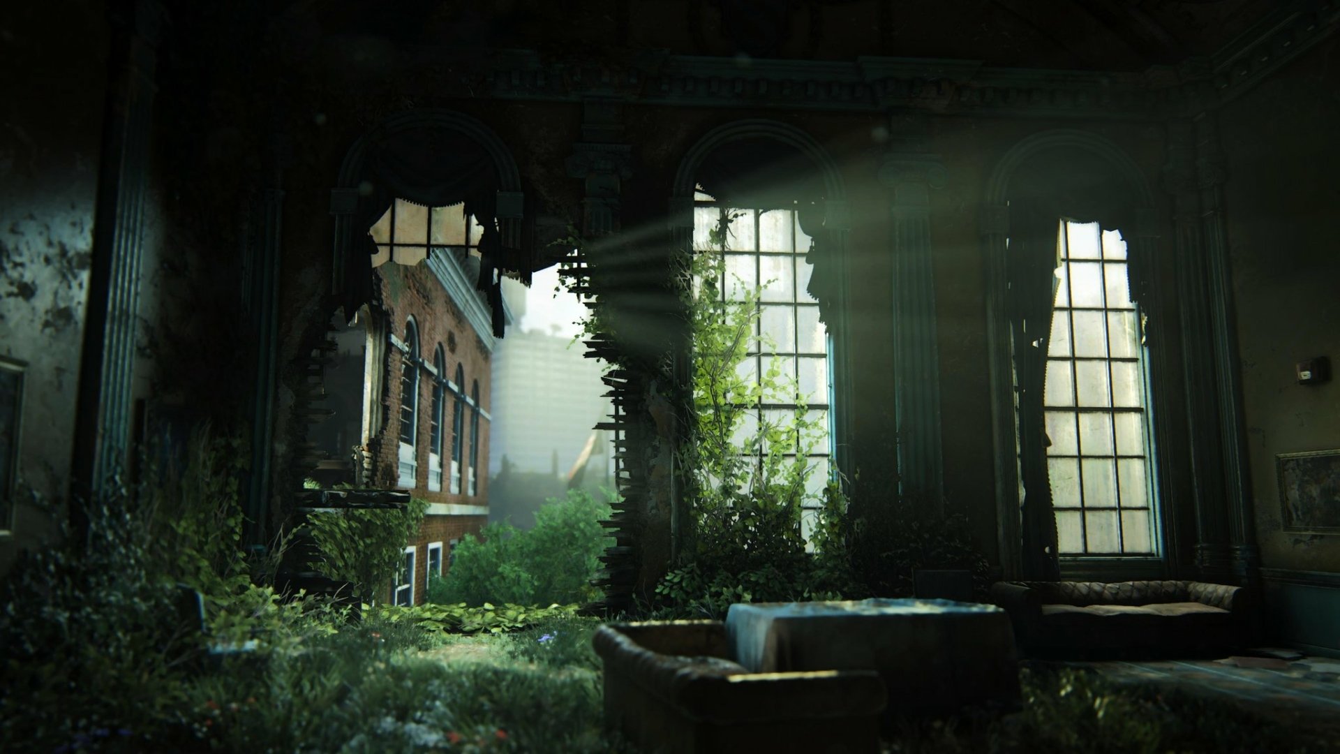 HD PC wallpaper from The Last of Us Part I: sunlit, overgrown ruin of a grand room with broken windows and lush vegetation reclaiming the interior, post-apocalyptic video game scene.