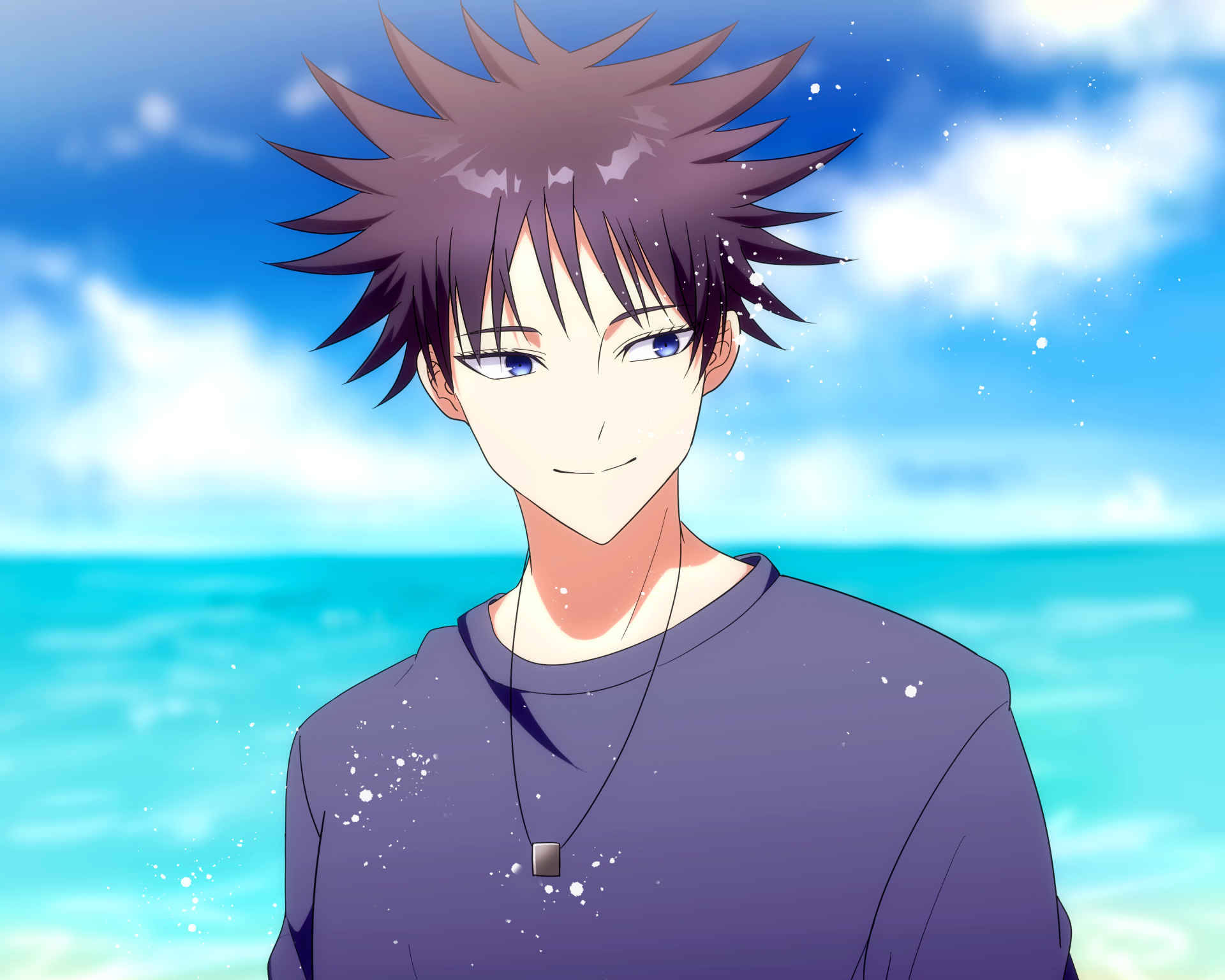 HD PC desktop wallpaper featuring Megumi Fushiguro from the anime Jujutsu Kaisen against a bright blue ocean and sky background.