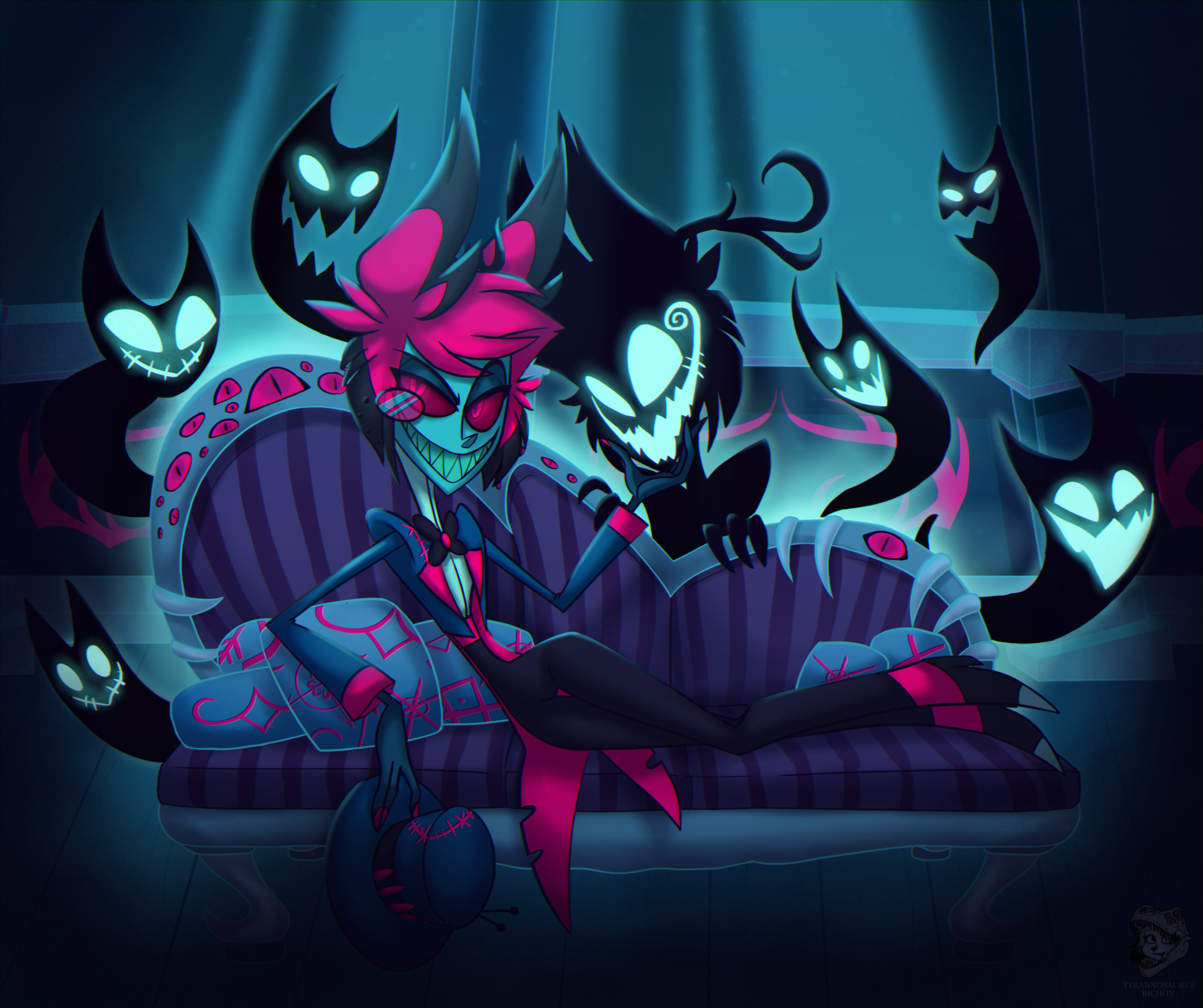 HD desktop wallpaper featuring Alastor from the TV show Hazbin Hotel, surrounded by dark, eerie shadow creatures in a stylized, vibrant background.